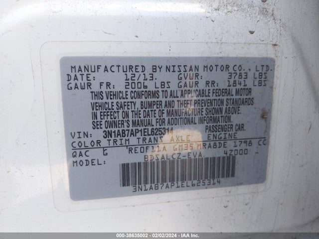 2014 NISSAN SENTRA S VIN: 3N1AB7AP1EL625314