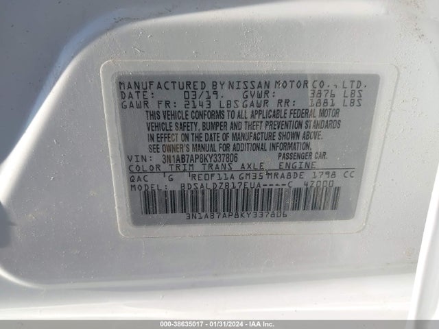 Nissan SENTRA SV 2019 3N1AB7AP8KY337806 Image 9