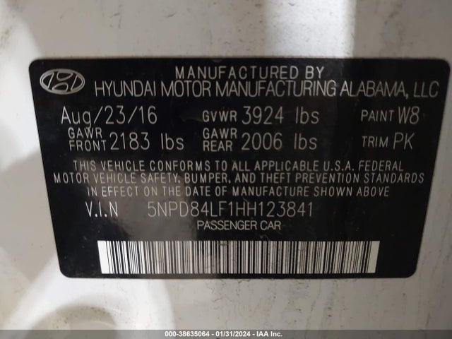 2017 HYUNDAI ELANTRA SE VIN: 5NPD84LF1HH123841