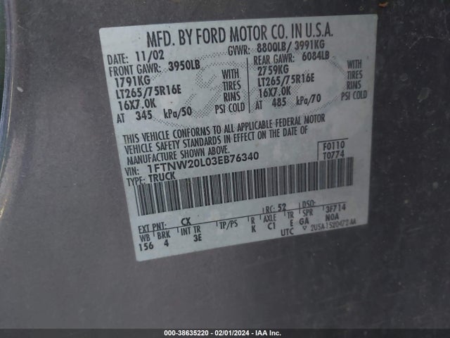 2003 FORD F-250 LARIAT/XL/XLT VIN: 1FTNW20L03EB76340