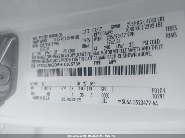 Ford ESCAPE SE 2017 1FMCU9GD5HUD05735 Image 9