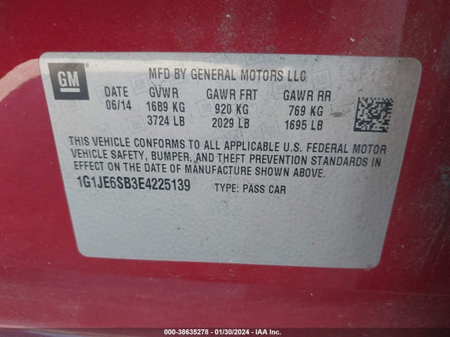 Chevrolet Sonic Ltz Auto 2014 1G1JE6SB3E4225139 Image 9