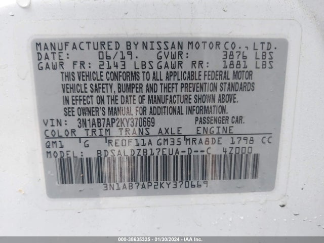 Nissan SENTRA SV 2019 3N1AB7AP2KY370669 Image 9