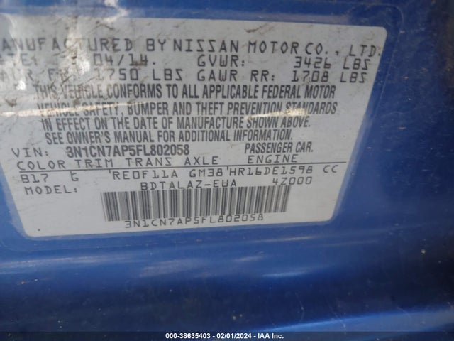 Nissan Versa 1.6 S+ 2015 3N1CN7AP5FL802058 Image 9