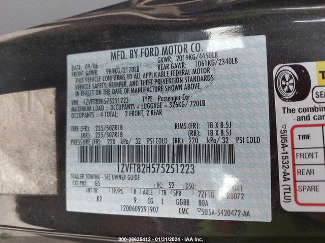 38635412 :رقم المزاد ، 1ZVFT82H575251223 vin ، 2007 Ford Mustang Gt Deluxe/gt Premium مزاد بيع