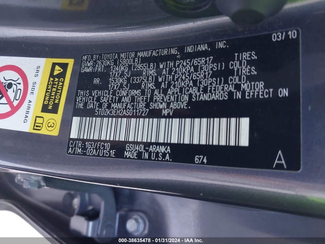2010 TOYOTA HIGHLANDER BASE V6 VIN: 5TDZK3EH2AS011727