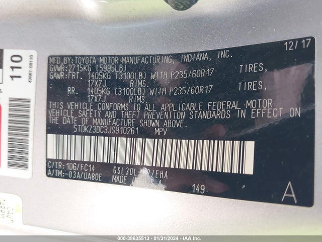 Toyota Sienna Le 8 Passenger 2018 5TDKZ3DC3JS910261 Image 9