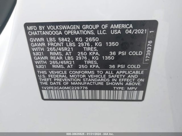 1V2FE2CA0MC229776 Volkswagen Atlas Cross Sport 3.6l V6 Sel Premium R-line