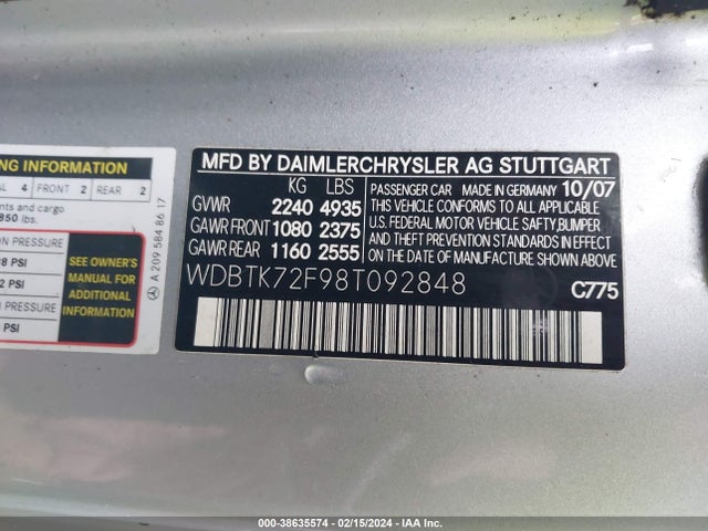 2008 MERCEDES-BENZ CLK 550 VIN: WDBTK72F98T092848