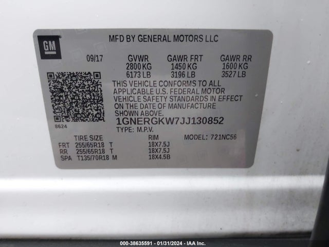 Chevrolet Traverse 1lt 2018 1GNERGKW7JJ130852 Image 9