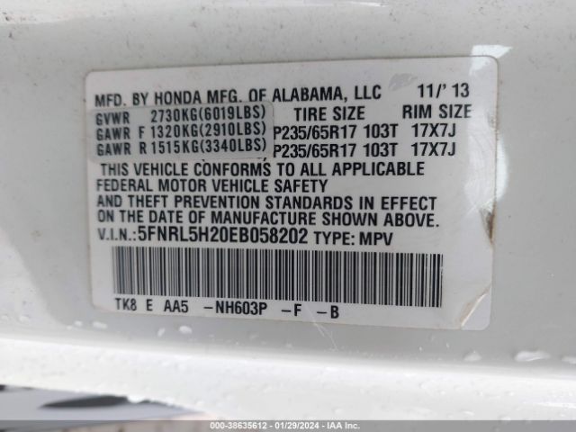 5FNRL5H20EB058202 Honda ODYSSEY LX