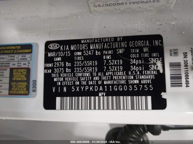 5XYPKDA11GG035755 KIA Sorento 2.0t Sxl