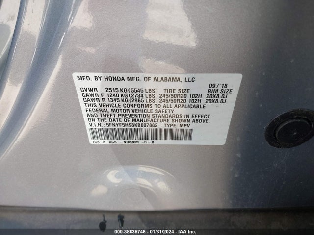 Honda Pilot Touring 2019 5FNYF5H98KB007882 Image 9