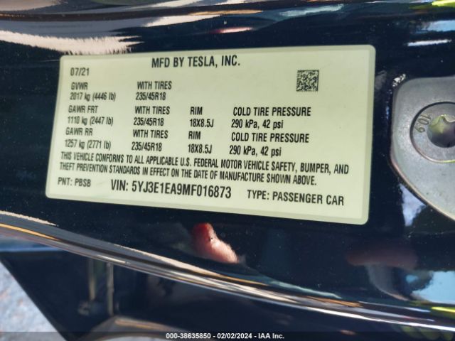 5YJ3E1EA9MF016873 Tesla Model 3 Standard Range Plus Rear-wheel Drive