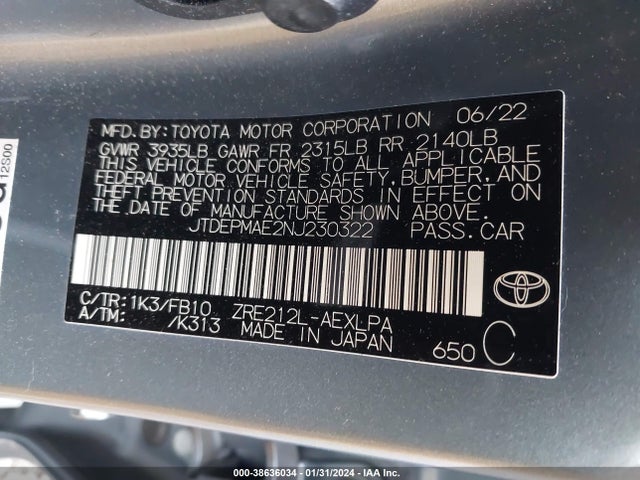2022 TOYOTA COROLLA LE VIN: JTDEPMAE2NJ230322