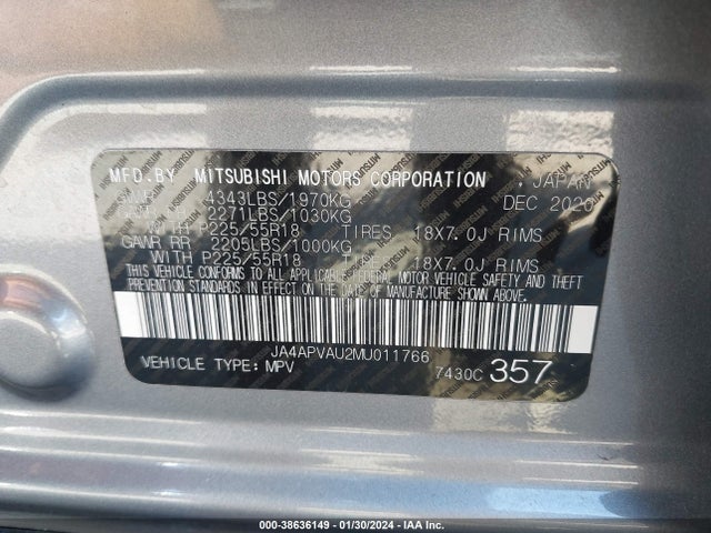 2021 MITSUBISHI OUTLANDER SPORT 2.0 SE 2WD VIN: JA4APVAU2MU011766