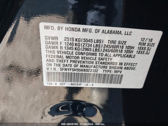 Honda Pilot Ex-l 2019 5FNYF5H55KB023132 Image 9