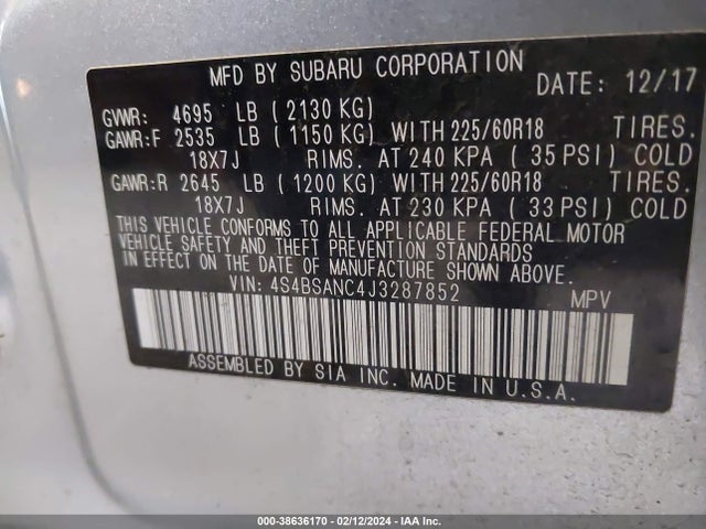 Subaru Outback 2.5i Limited 2018 4S4BSANC4J3287852 Image 9