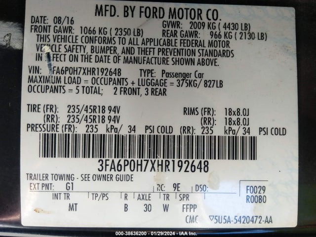 Ford FUSION SE 2017 3FA6P0H7XHR192648 Image 9