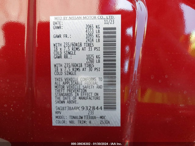 2023 NISSAN ROGUE SV FWD VIN: 5N1BT3BA4PC932844