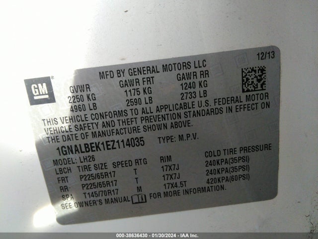 Chevrolet EQUINOX 1LT 2014 1GNALBEK1EZ114035 Image 9