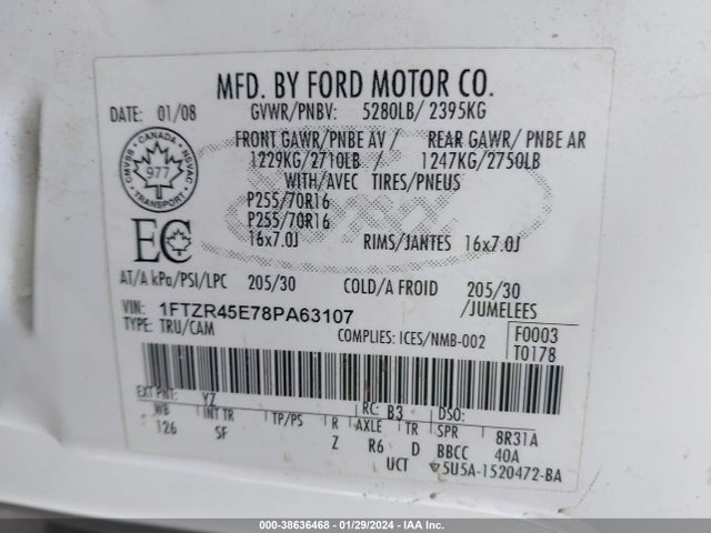 2008 FORD RANGER FX4 OFF-ROAD/SPORT/XLT VIN: 1FTZR45E78PA63107