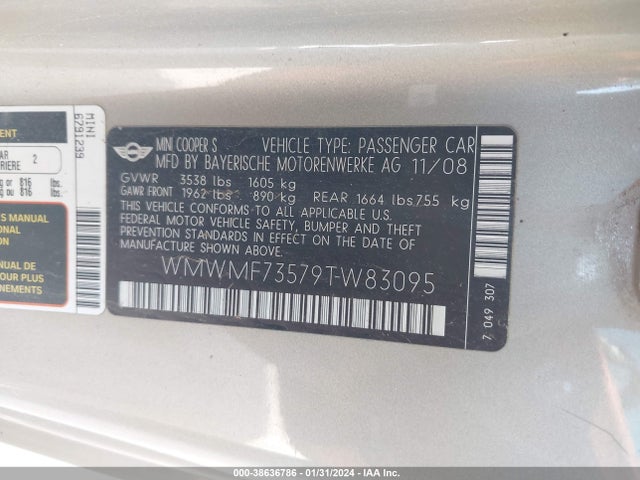 2009 MINI COOPER S WMWMF73579TW83095 Photo 8