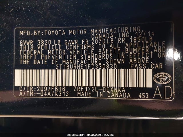 Toyota COROLLA LE 2015 2T1BURHE1FC330830 Image 9