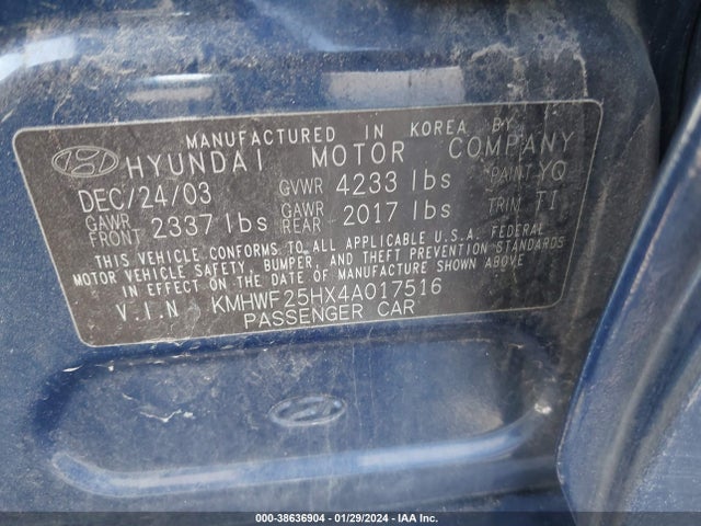 2004 HYUNDAI SONATA VIN: KMHWF25HX4A017516