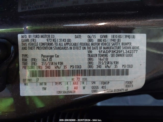 2015 FORD FOCUS SE VIN: 1FADP3K29FL342377