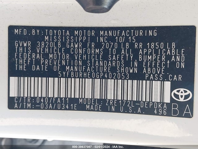 Toyota COROLLA L 2016 5YFBURHE0GP402053 Image 9