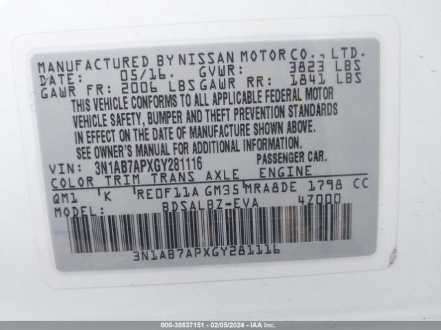 3N1AB7APXGY281116 Nissan SENTRA S
