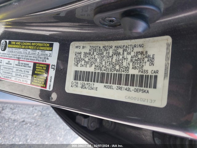 2013 TOYOTA COROLLA S VIN: 5YFBU4EE8DP083455