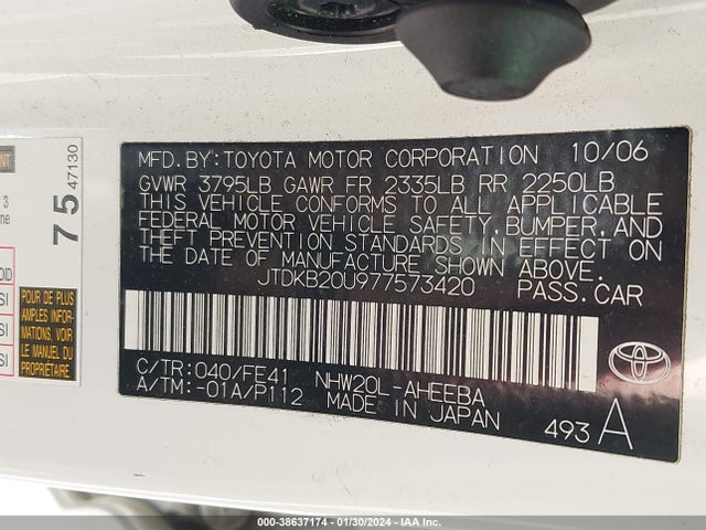2007 TOYOTA PRIUS VIN: JTDKB20U977573420