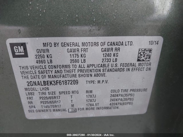Chevrolet EQUINOX 1LT 2015 2GNALBEK3F6187209 Image 9