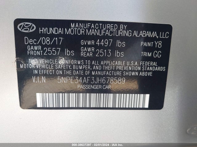 Aukcja sprzedaży 2018 Hyundai Sonata Limited, vin: 5NPE34AF3JH678589, numer aukcji: 38637297