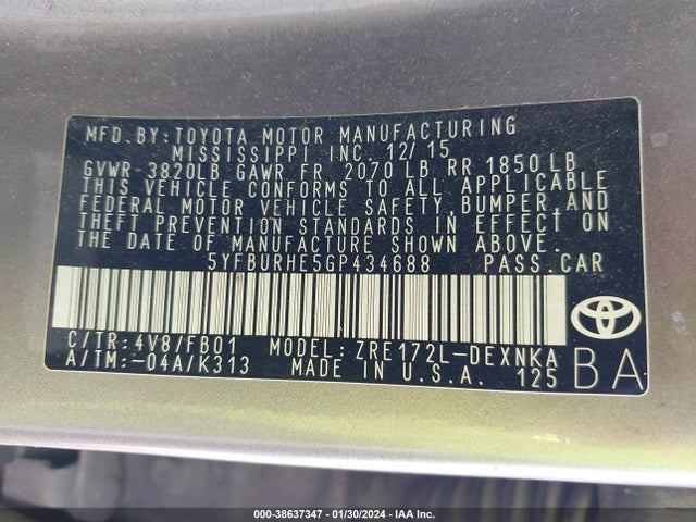 Toyota COROLLA LE 2016 5YFBURHE5GP434688 Image 9
