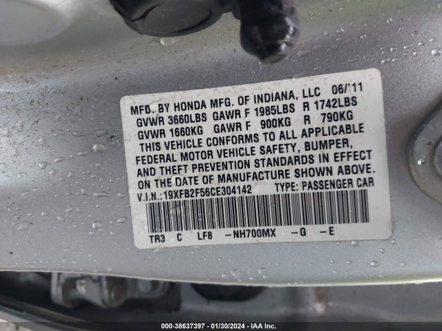 2012 HONDA CIVIC LX VIN: 19XFB2F56CE304142