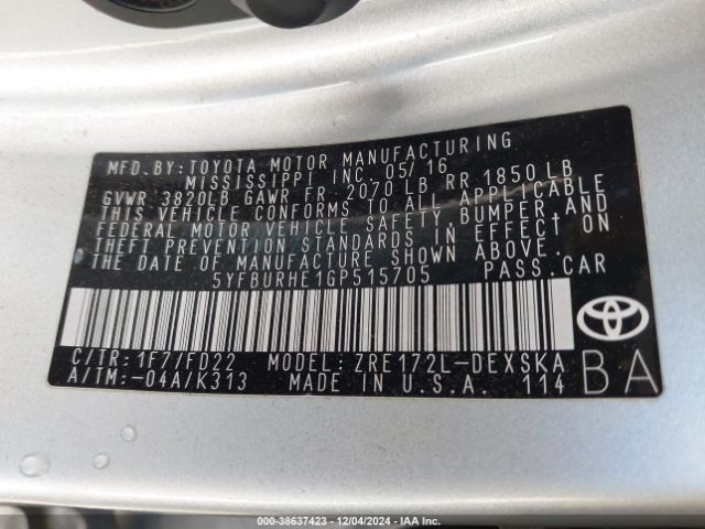 5YFBURHE1GP515705 Toyota Corolla S Plus