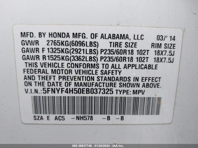Honda Pilot Ex-l 2014 5FNYF4H50EB037325 Image 9
