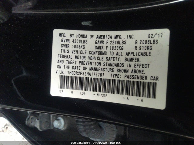 Honda ACCORD LX 2017 1HGCR2F33HA172787 Image 9