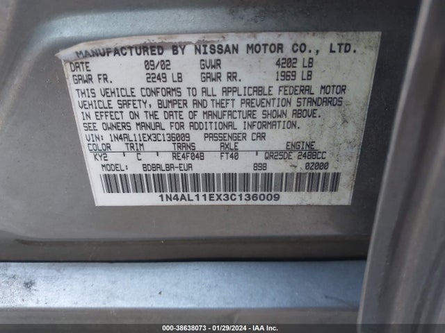 2003 NISSAN ALTIMA SL VIN: 1N4AL11EX3C136009