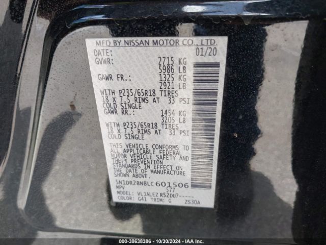 5N1DR2BN8LC601506 Nissan Pathfinder Sv 2wd