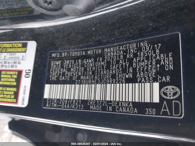 Toyota COROLLA LE 2018 2T1BURHE3JC989226 Image 9
