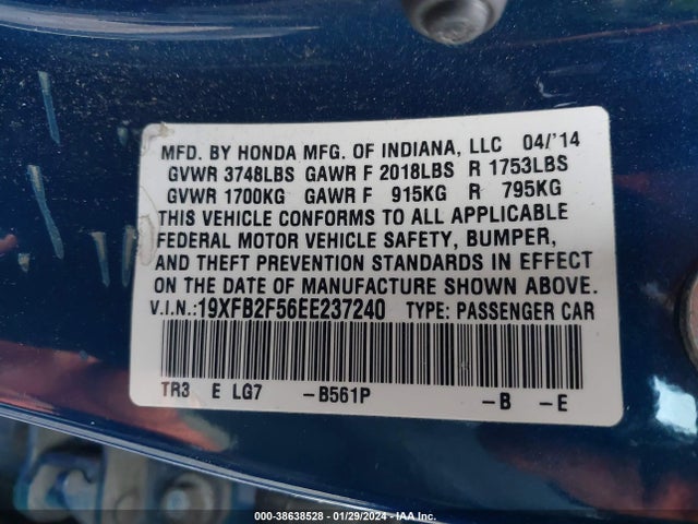 Honda Civic Lx 2014 19XFB2F56EE237240 Image 9