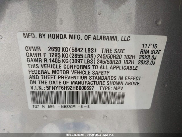 Honda Pilot Touring 2017 5FNYF6H92HB000697 Image 9