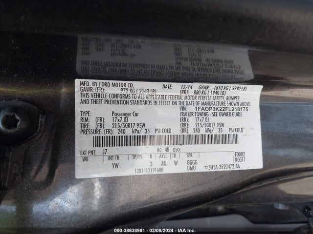 2015 FORD FOCUS SE VIN: 1FADP3K22FL218175