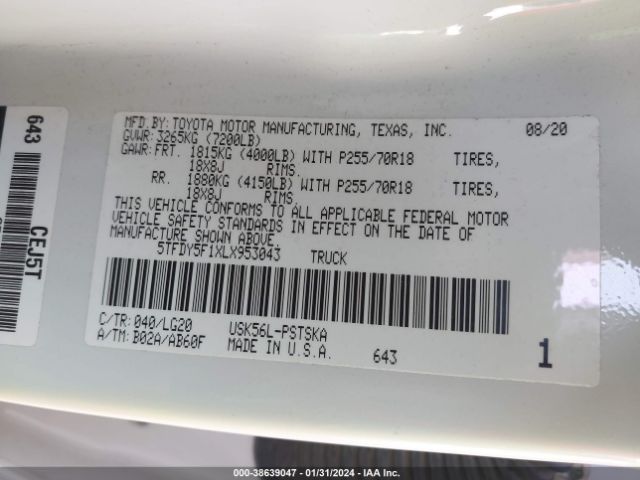 5TFDY5F1XLX953043 Toyota Tundra Sr5