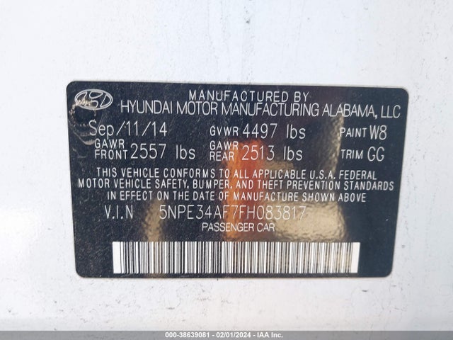Hyundai Sonata Limited 2015 5NPE34AF7FH083817 Image 9