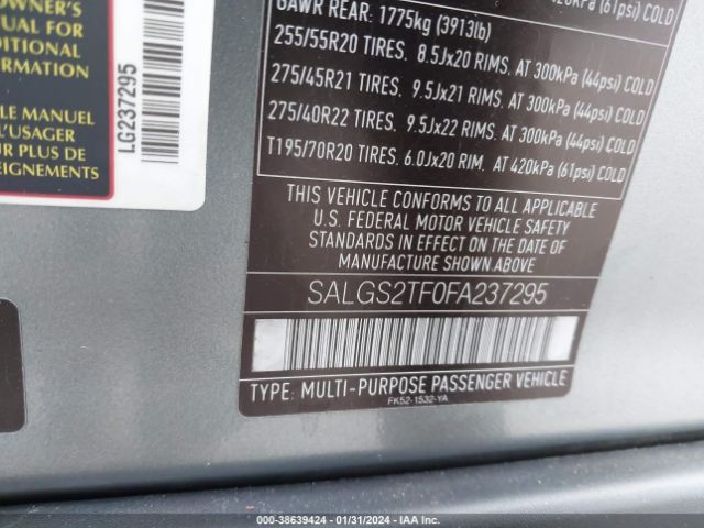 SALGS2TF0FA237295 Land Rover Range Rover 5.0l V8 Supercharged